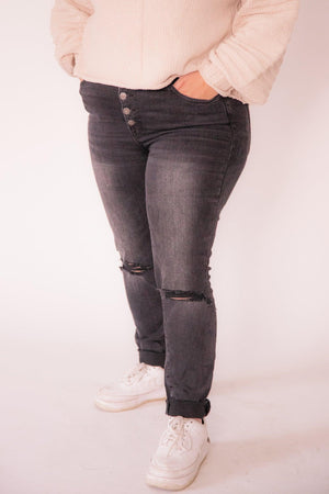
            
                Load image into Gallery viewer, Black High Rise Distressed Button Fly Skinny Jean - Pretty and All
            
        