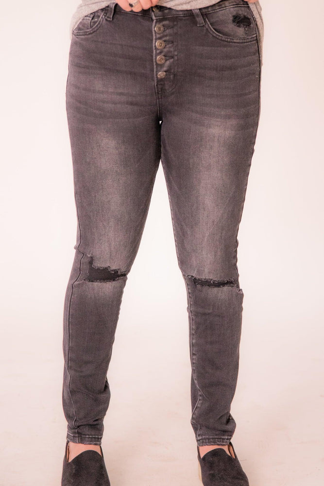 
            
                Load image into Gallery viewer, Black High Rise Distressed Button Fly Skinny Jean - Pretty and All
            
        