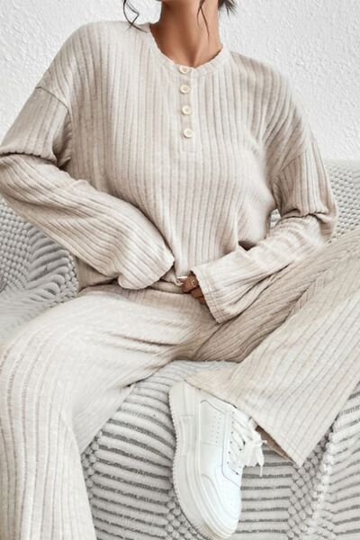 
            
                Load image into Gallery viewer, Ribbed Half Button Knit Top and Pants Set
            
        
