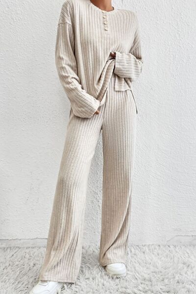
            
                Load image into Gallery viewer, Ribbed Half Button Knit Top and Pants Set
            
        